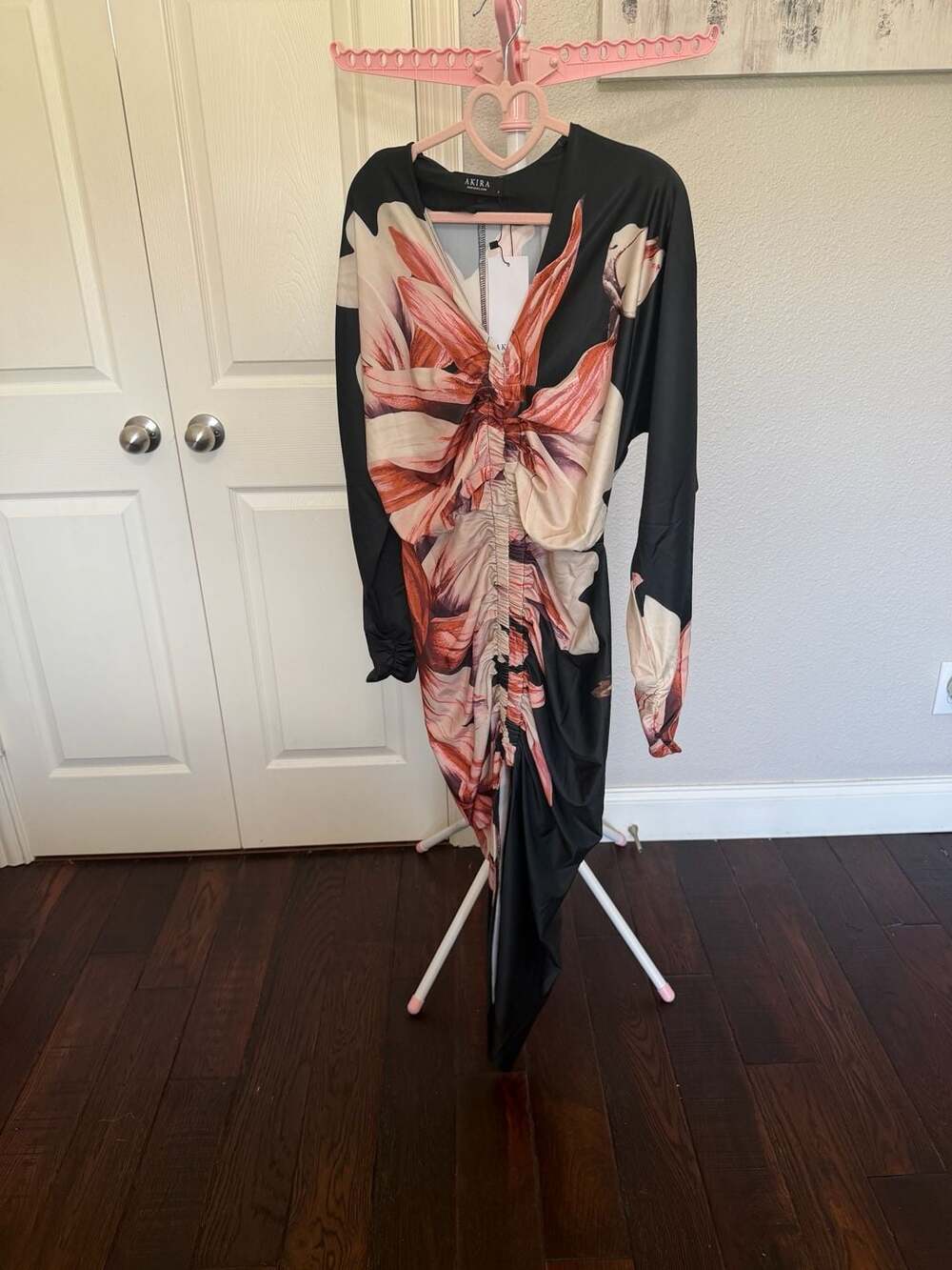 AKIRA Floral Print Long Sleeve Ruched Midi Dress